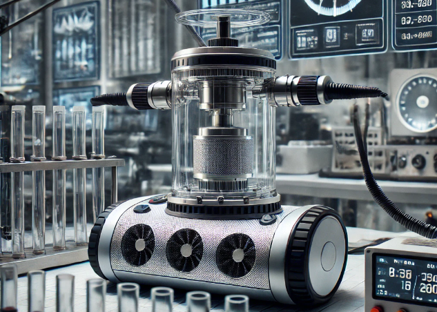 Close-up of a robotic vacuum undergoing an airflow test, with airflow measurement devices attached and monitors displaying technical data in a lab setting.