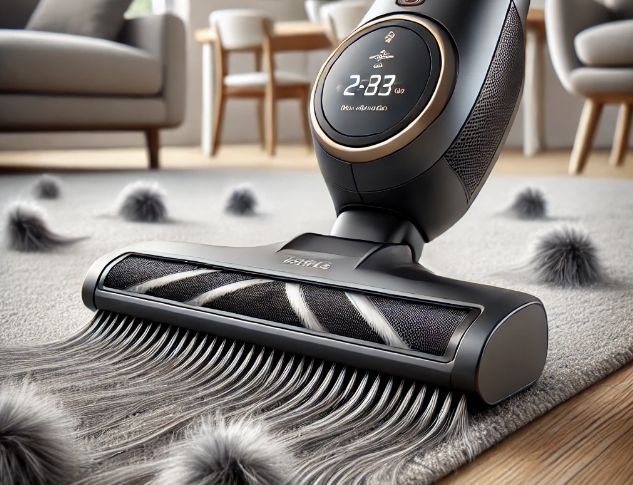 Close-up of the Shark Cordless Vacuum's brush head, designed with anti-hair tangle technology, effortlessly picking up pet hair from a carpet.