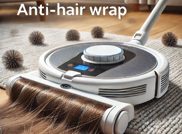 Robot vacuum performing an anti-hair wrap test, effectively picking up hair from carpets and hardwood floors without getting tangled in the brush roll or anti-tangle roller.