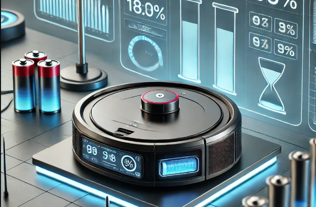 Robot vacuum undergoing a battery test at a modern testing station, with digital screens displaying battery life, charging progress, and power usage. Performance charts and timers are visible in the background, emphasizing precision and technology.