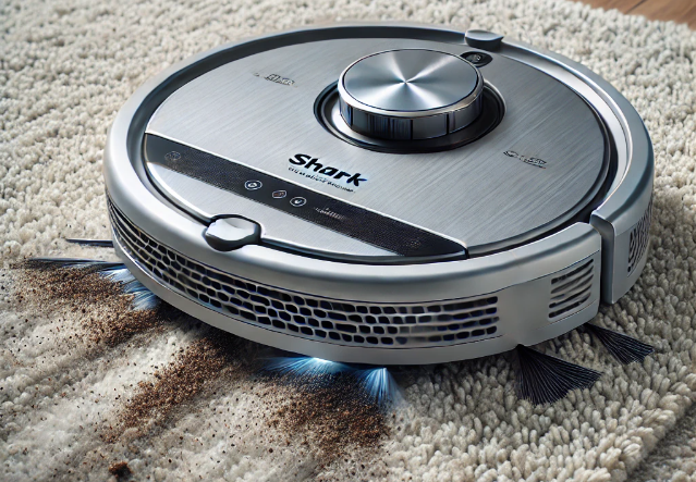 Robot vacuum performing a deep clean on a plush carpet, removing visible dirt and debris with strong suction, showcasing a clear difference between cleaned and uncleaned areas. The vacuum features the Shark Cordless Vacuum brand.