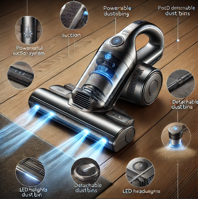 Shark cordless vacuum showcasing key features, including lightweight design, powerful suction, detachable dustbin, LED headlights, and versatile use on both hardwood and carpet surfaces.