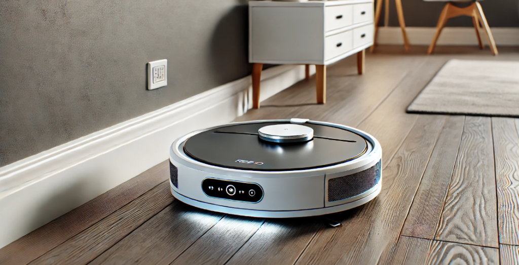 Close-up view of a robot vacuum docked at its charging station, showing detailed alignment of charging connectors and indicator light in a modern home environment with hardwood flooring.