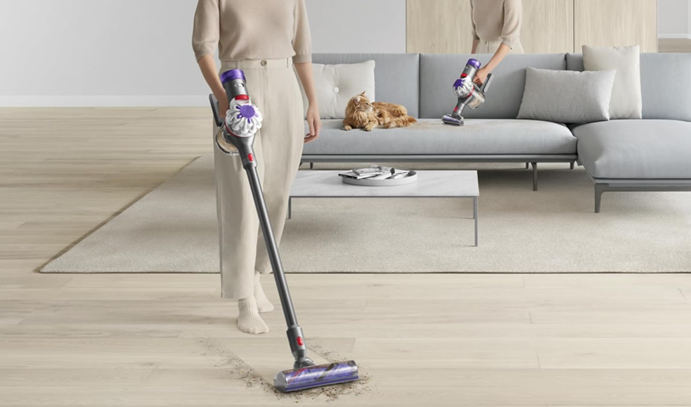 Dyson V8 cordless vacuum cleaner with powerful suction and versatile attachments for whole-home cleaning.