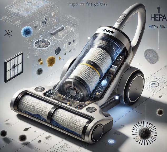 Cutaway view of a Shark cordless vacuum highlighting its HEPA filtration system, demonstrating how it captures allergens and dust particles for improved indoor air quality.