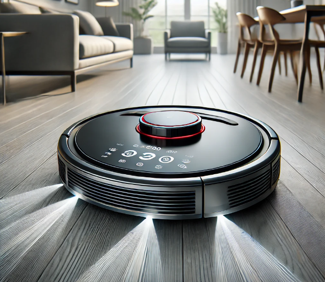 A collection of the best robot vacuums displayed on a sleek surface, showcasing different models and designs. The vacuums are arranged aesthetically, highlighting their features and colors, with a blurred background emphasizing their advanced technology.