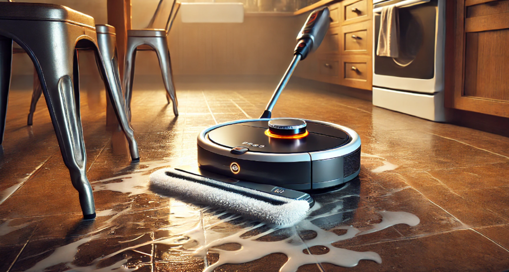 A modern robot vacuum with mop functionality, cleaning a tiled floor in a cozy kitchen. The vacuum dispenses water lightly while wiping away visible dirt spots, leaving a clean, shiny surface behind.