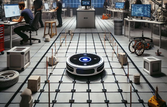 Robotic vacuum navigating through a test course with obstacles like chairs and small objects in a lab setting, while technicians observe and monitors display navigation data.