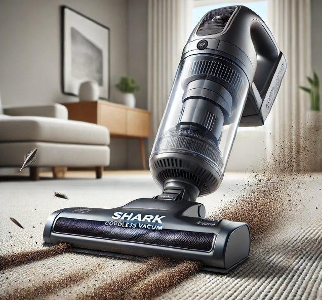 Shark Cordless Vacuum actively picking up dirt and debris from a carpeted floor, showcasing its powerful suction ability.