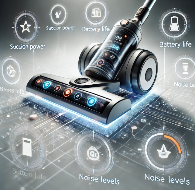 High-tech representation of vacuum cleaner metrics such as suction power, battery life, noise levels, and filtration efficiency, displayed with icons and text alongside a sleek vacuum cleaner in a modern, clean design.