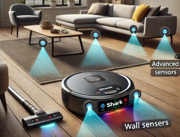 Shark cordless vacuum equipped with wall sensors, demonstrating obstacle detection and navigation in a modern living room setting.