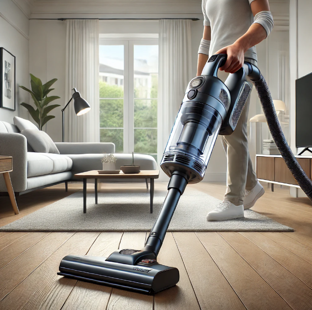 A Shark cordless vacuum cleaner in a modern home, showcasing its versatility on hardwood and carpeted floors.