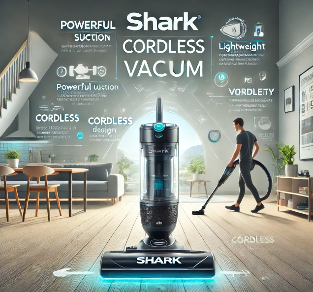 Image highlighting Shark cordless vacuums features, including powerful suction and lightweight design, with the text 'Shark Cordless Vacuum.