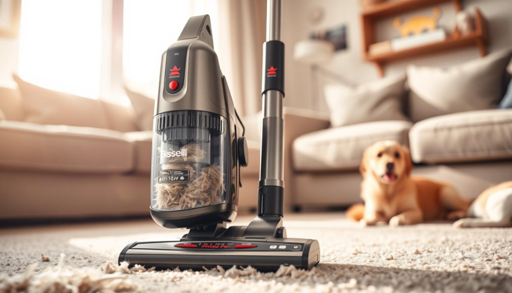 Bagged Bissell pet vacuum with powerful suction for efficient pet hair cleanup.