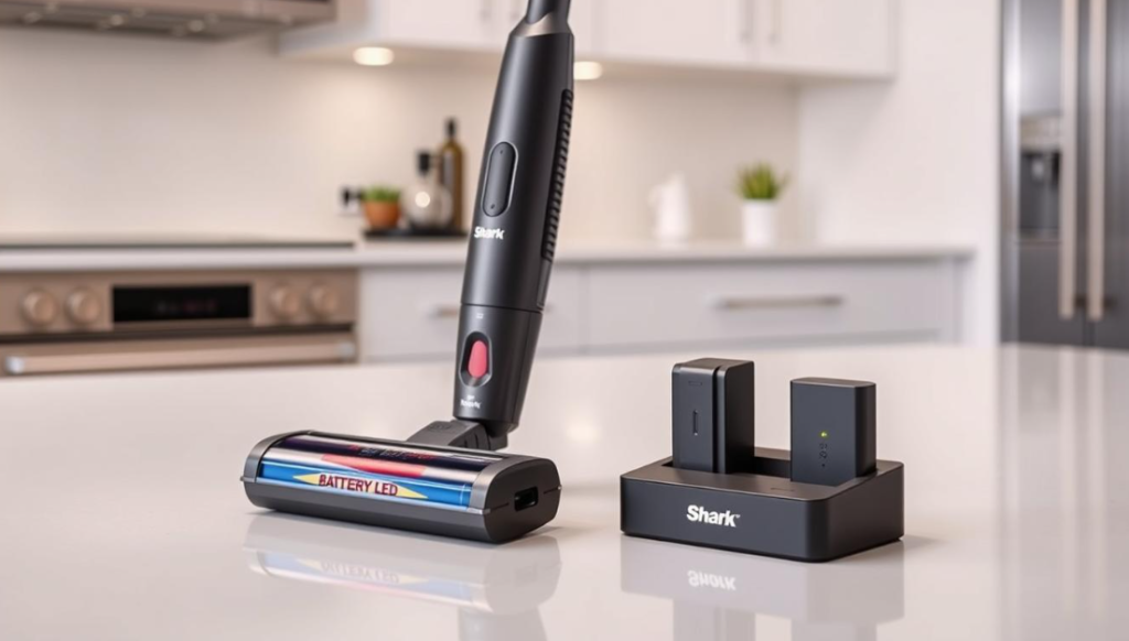 A Shark cordless vacuum with its battery and charging dock, showcasing efficient charging solutions.