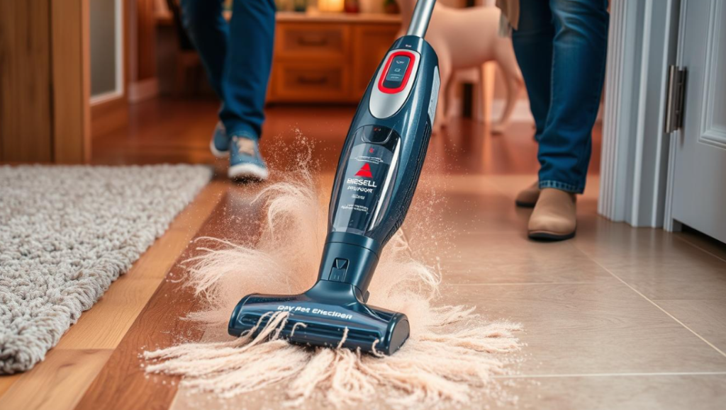 Bissell pet vacuum showcasing multi-surface cleaning on various floor types.