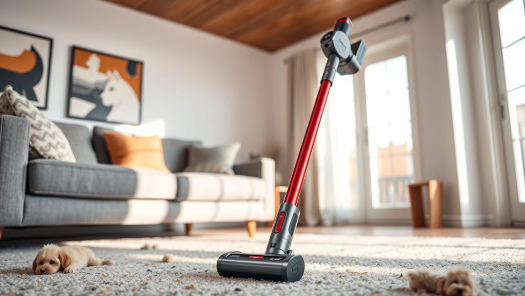 Shark PowerDetect Cordless Stick Vacuum cleaning a hardwood floor with LED lights on.