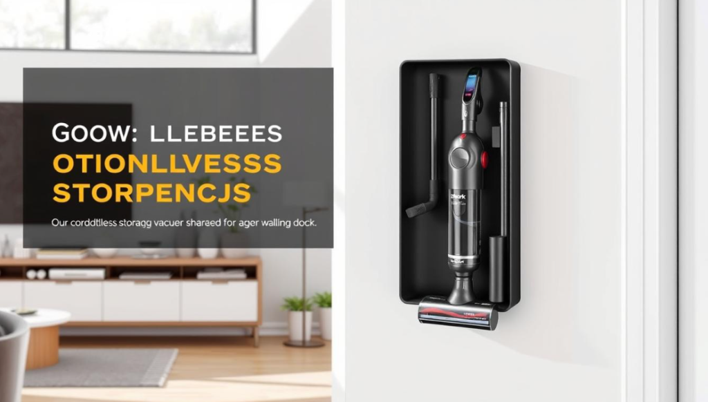 A Shark cordless vacuum neatly stored using a wall-mounted storage solution.