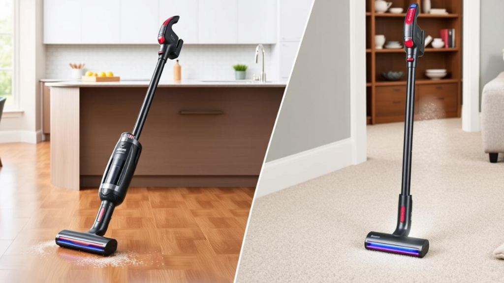 Shark PowerDetect Cordless Stick Vacuum cleaning various surfaces, including carpet and hardwood.